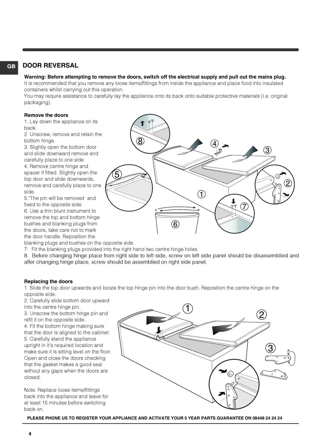 Hotpoint ffaa52k-1 manual Remove the doors, Replacing the doors 