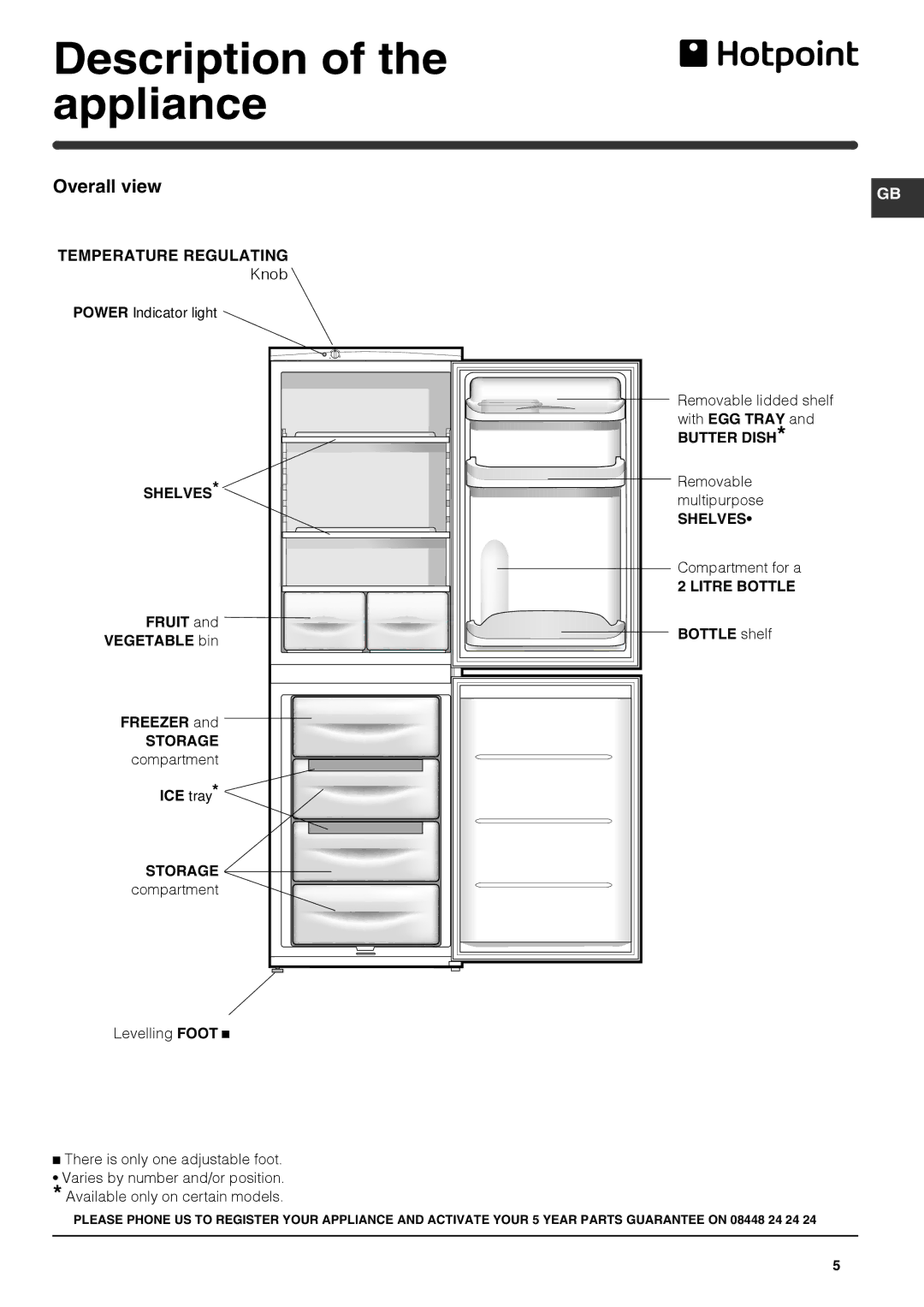 Hotpoint ffaa52k-1 manual Description of the appliance, With EGG Tray, Fruit Bottle shelf Vegetable bin Freezer, ICE tray 