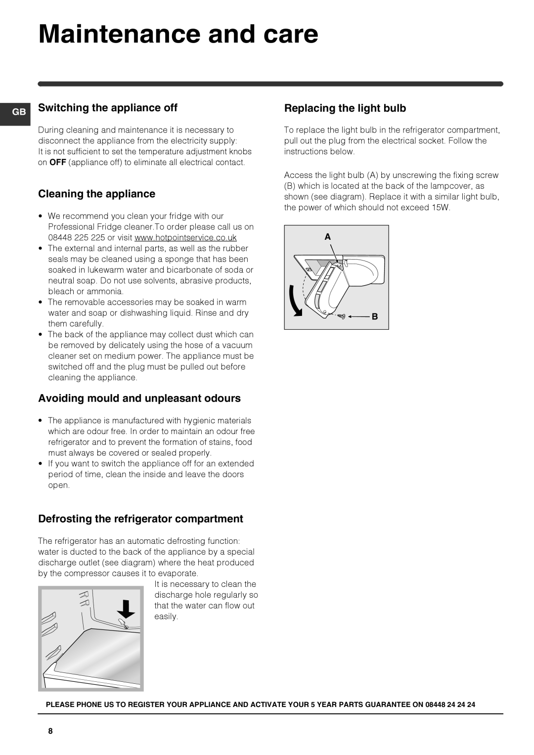 Hotpoint ffaa52k-1 manual Maintenance and care 