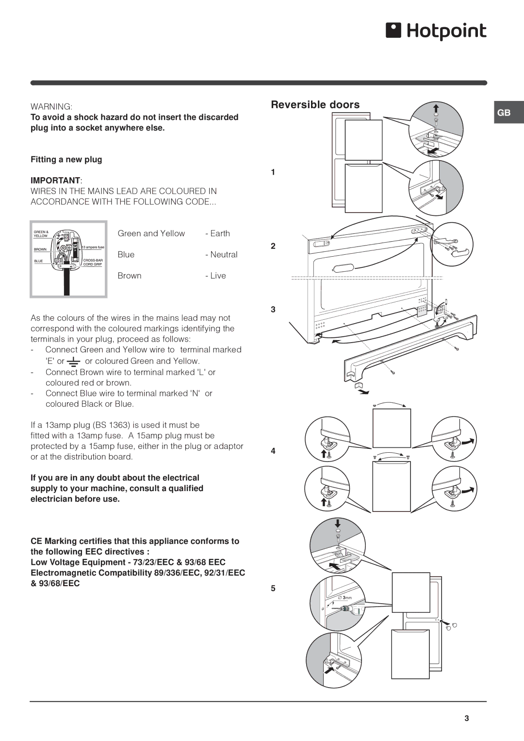 Hotpoint FFB6187P, FFB6187AP operating instructions Reversible doors 