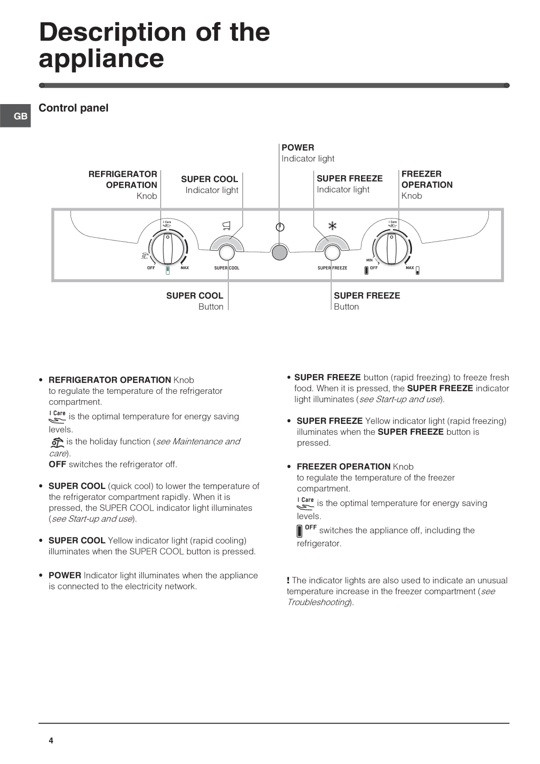 Hotpoint FFB6200AP Description of the appliance, Control panel, Freezer Operation Knob, Refrigerator Operation Knob 