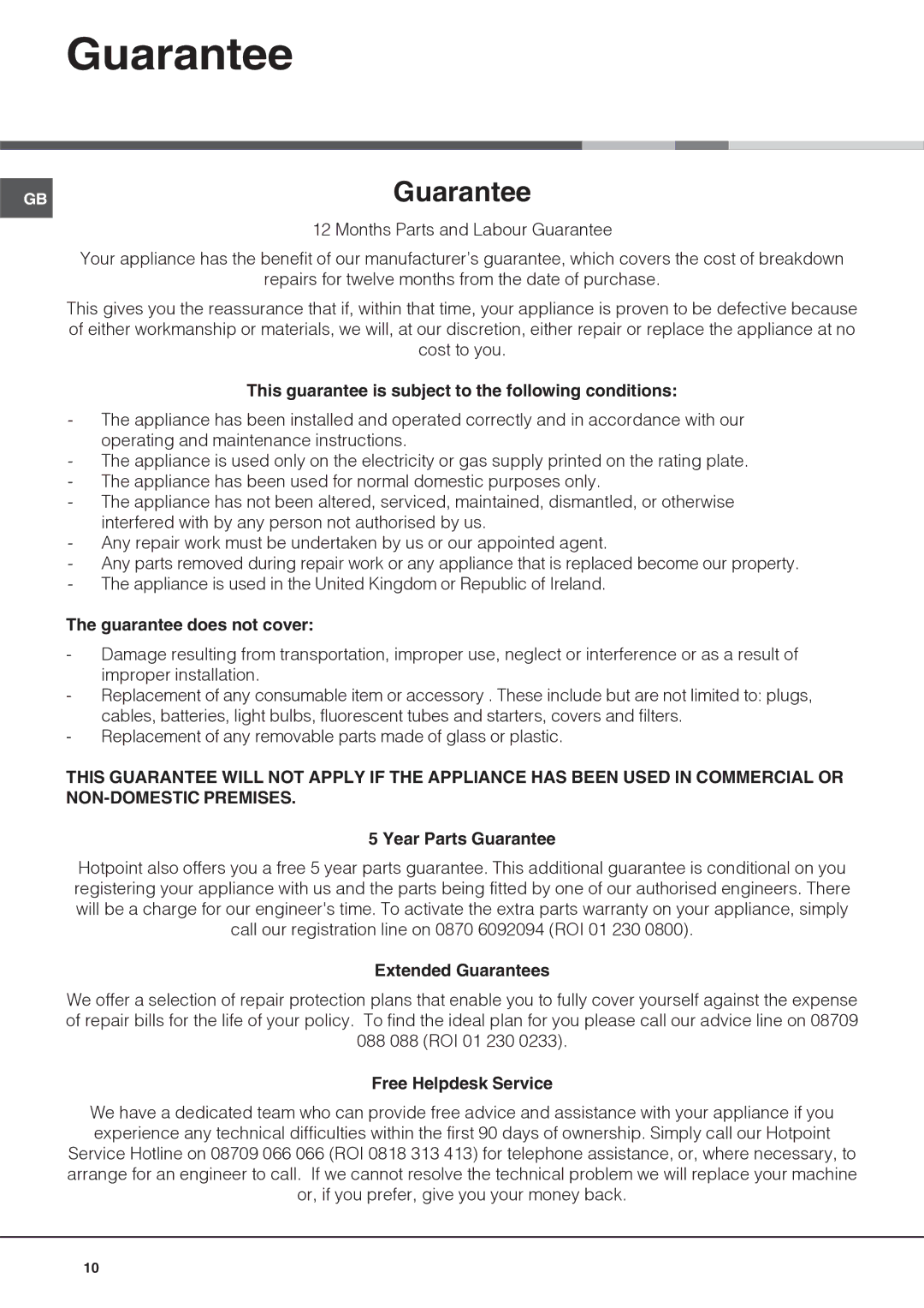 Hotpoint FFB6200AX manual Guarantee 