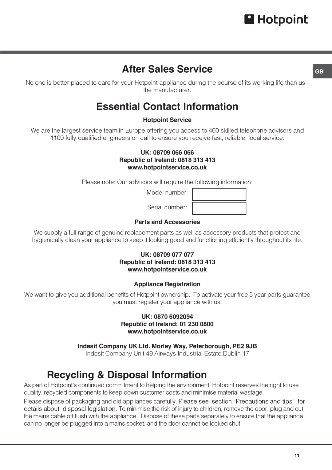 Hotpoint FFB6200AX manual After Sales Service 