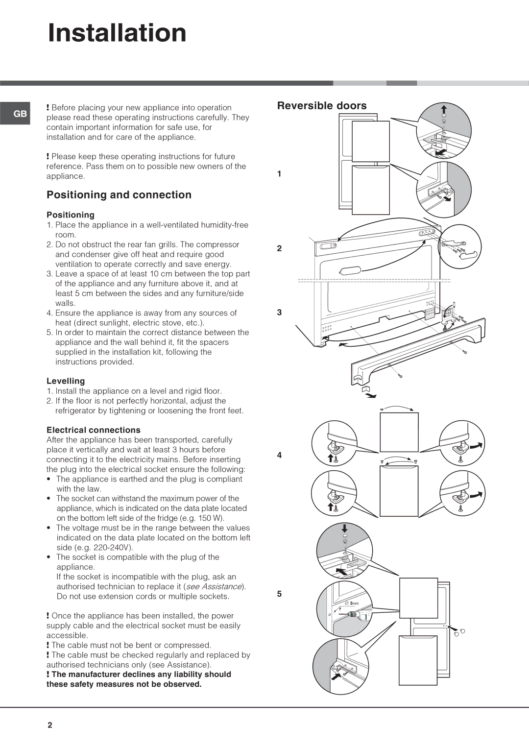 Hotpoint FFB6200AX manual Installation, Positioning and connection, Reversible doors 