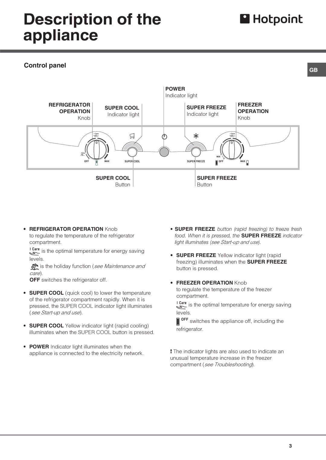 Hotpoint FFB6200AX manual Description of the appliance, Control panel 