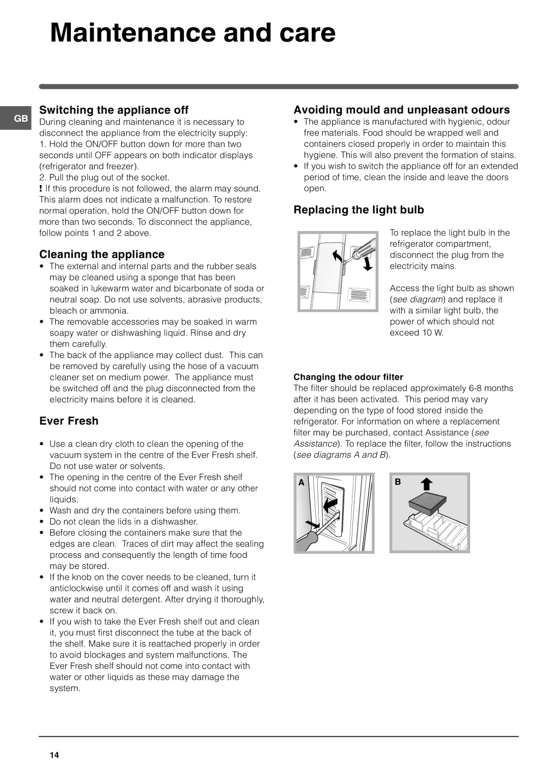 Hotpoint FFL49 manual Maintenance and care 