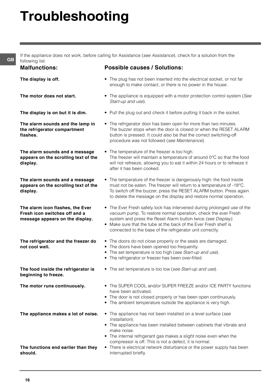 Hotpoint FFL49 Troubleshooting, Malfunctions Possible causes / Solutions, Refrigerator and the freezer do not cool well 