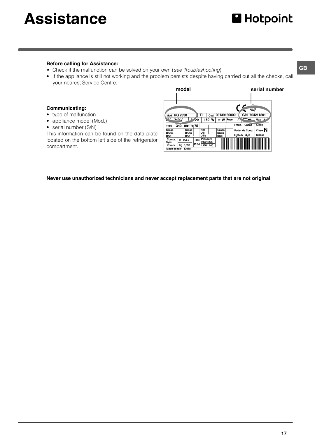 Hotpoint FFL49 manual Assistance, Communicating, Model 