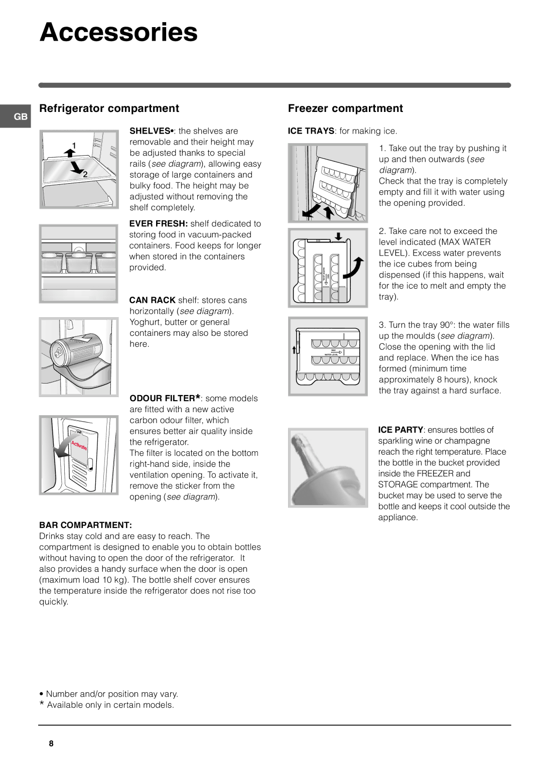 Hotpoint FFL49 manual Accessories, Refrigerator compartment Freezer compartment, BAR Compartment 