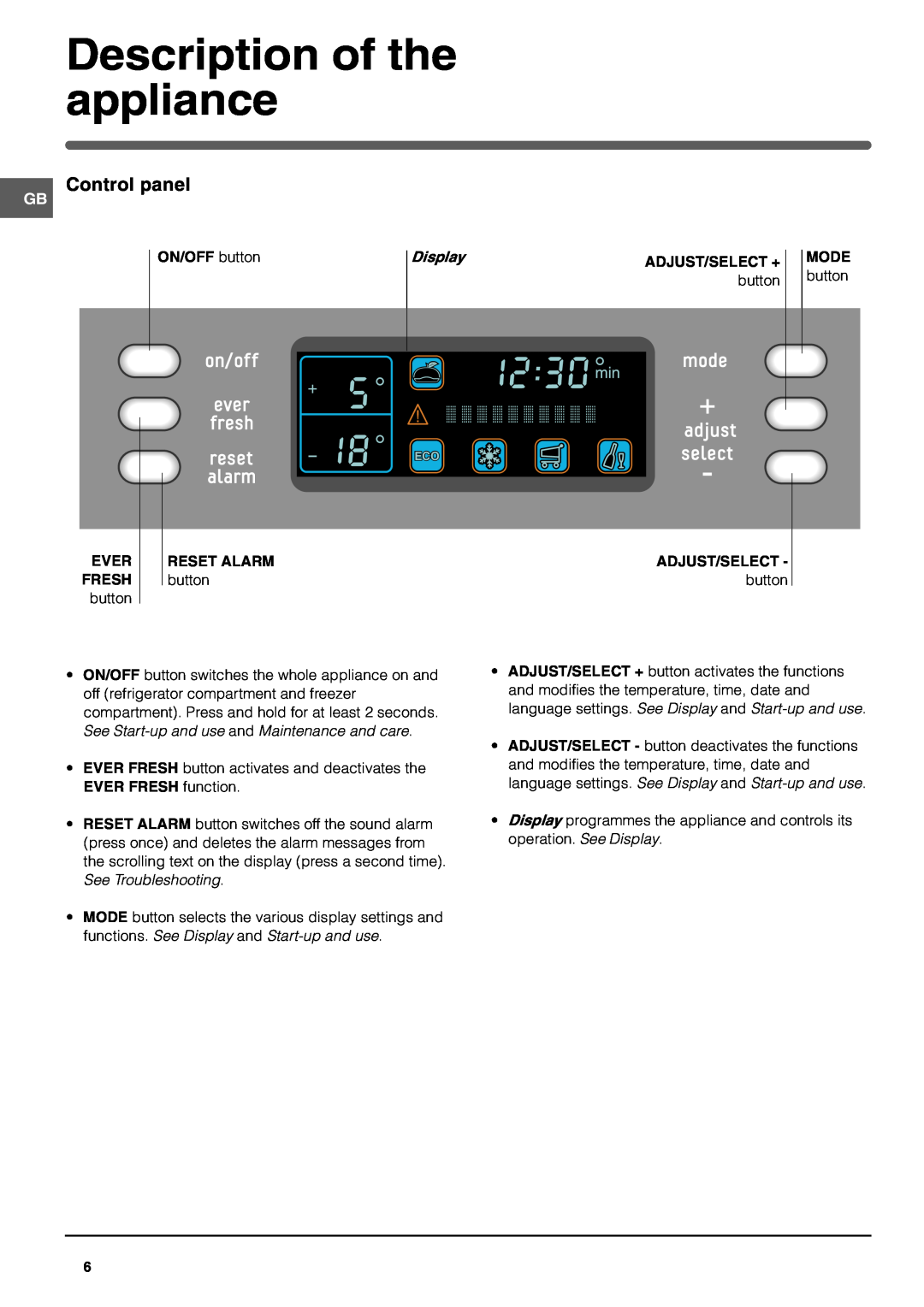 Hotpoint FFL49 Description of the appliance, ON/OFF button, Display, Mode, Ever Fresh, Reset Alarm, EVER FRESH function 