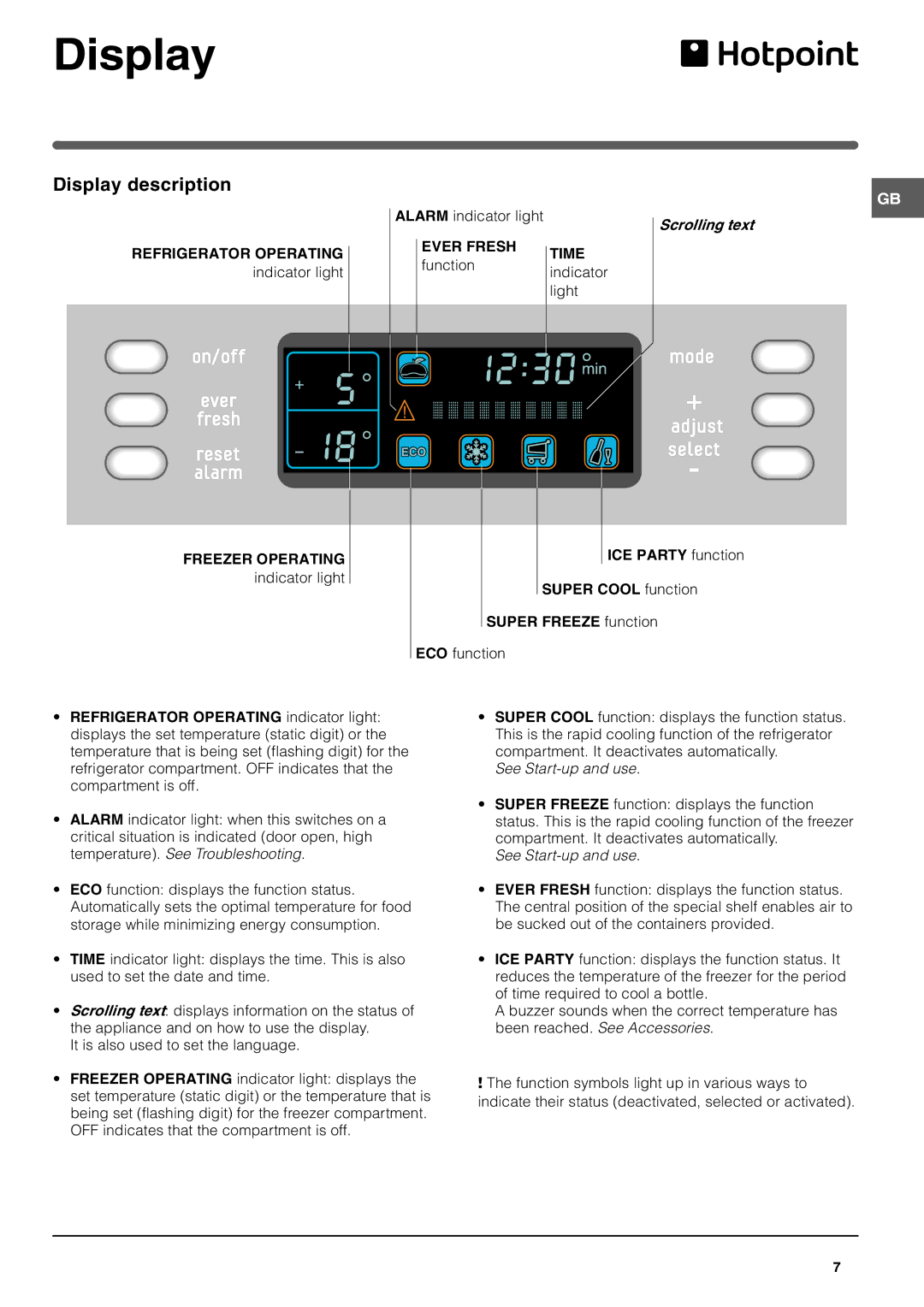 Hotpoint FFA46W, FFM48X manual Display description, Scrolling text 