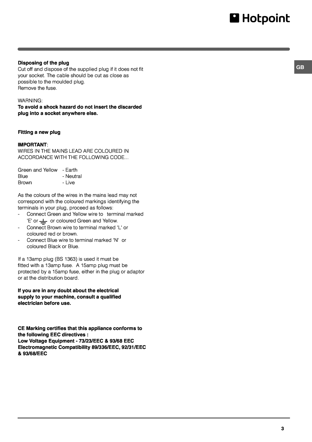 Hotpoint FFA46W, FFM48X manual Disposing of the plug 