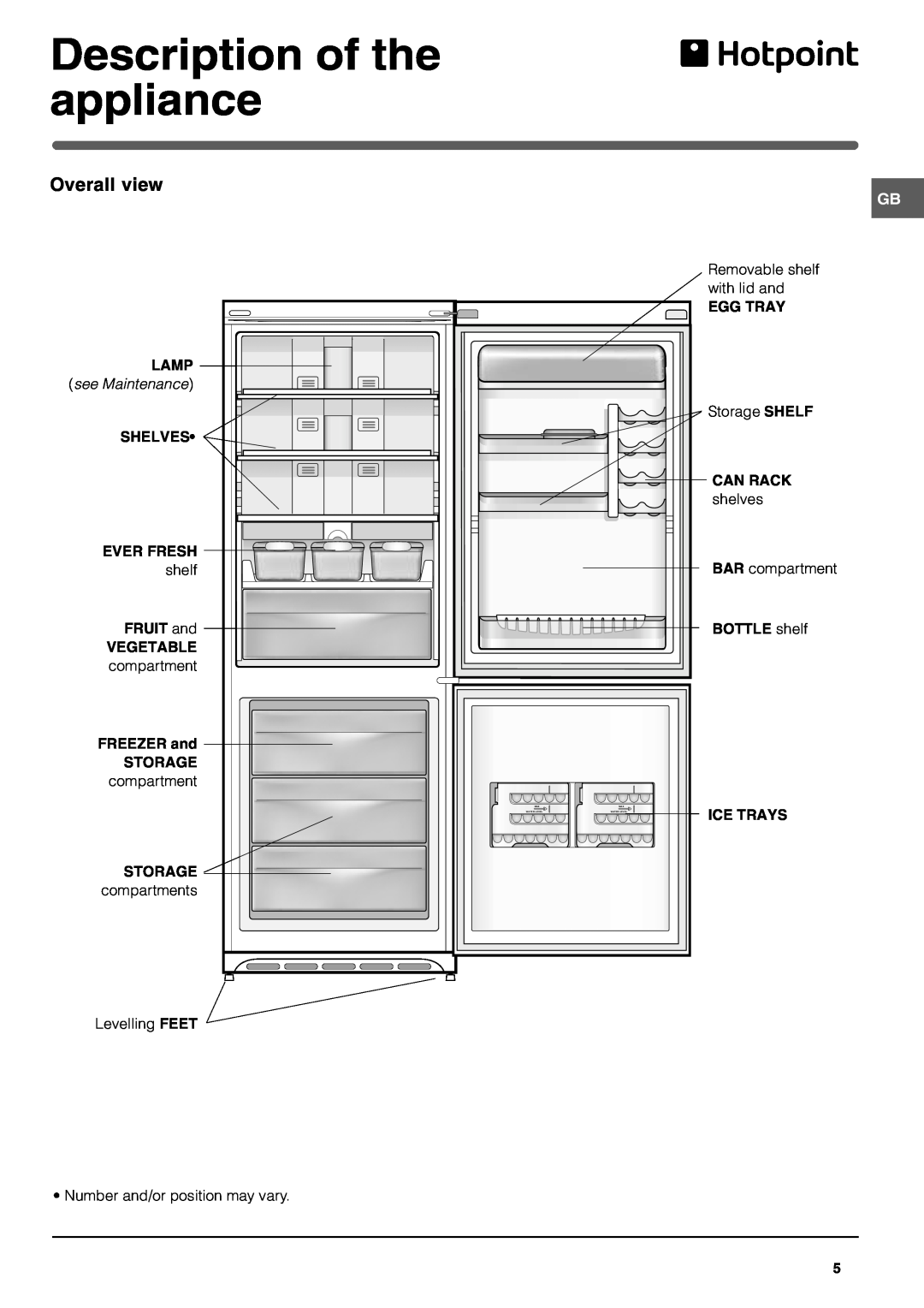 Hotpoint FFA46W Description of the appliance, Egg Tray, Lamp, see Maintenance, Shelves, Can Rack, Ever Fresh, FRUIT and 