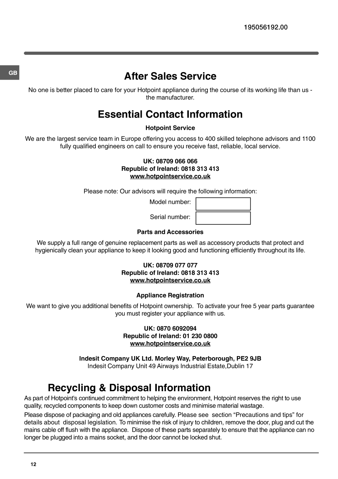 Hotpoint FFP187B operating instructions After Sales Service 