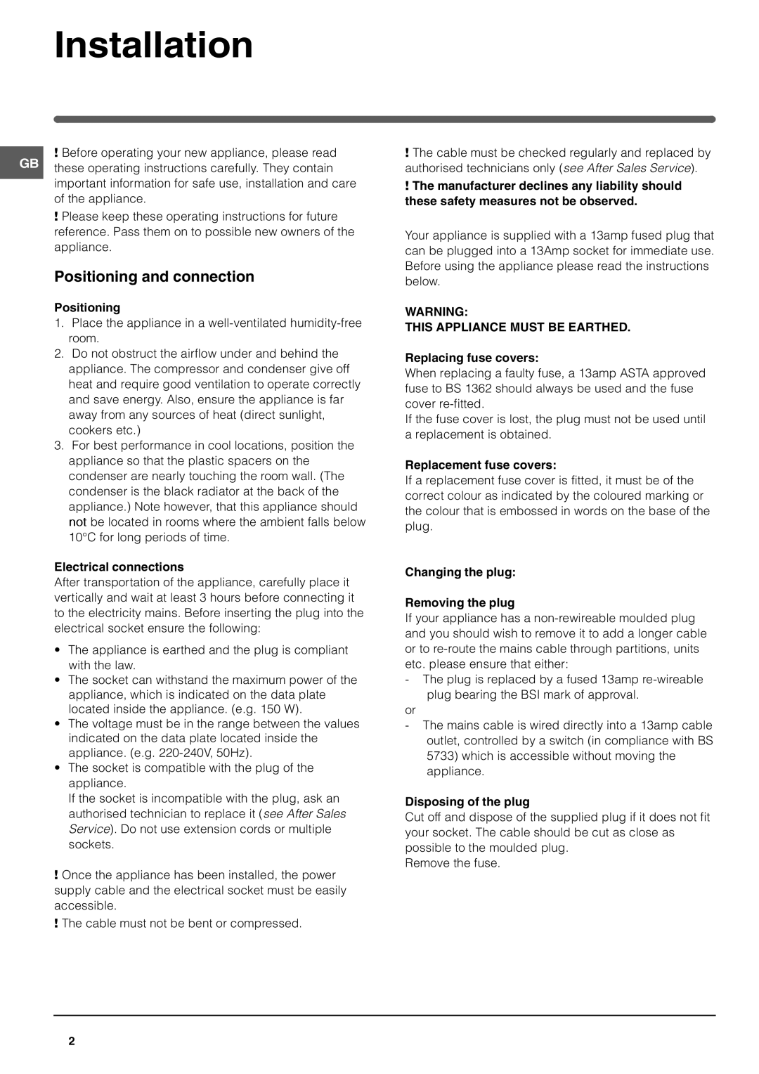 Hotpoint FFP187B operating instructions Installation, Positioning and connection, Electrical connections 