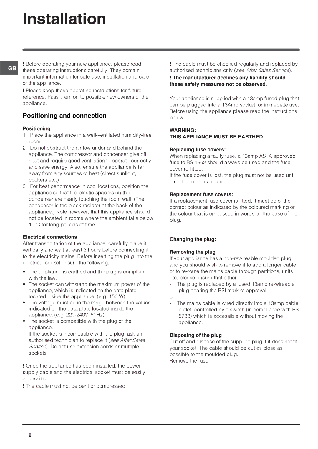 Hotpoint FFP187BG manual Installation, Positioning and connection, Electrical connections 