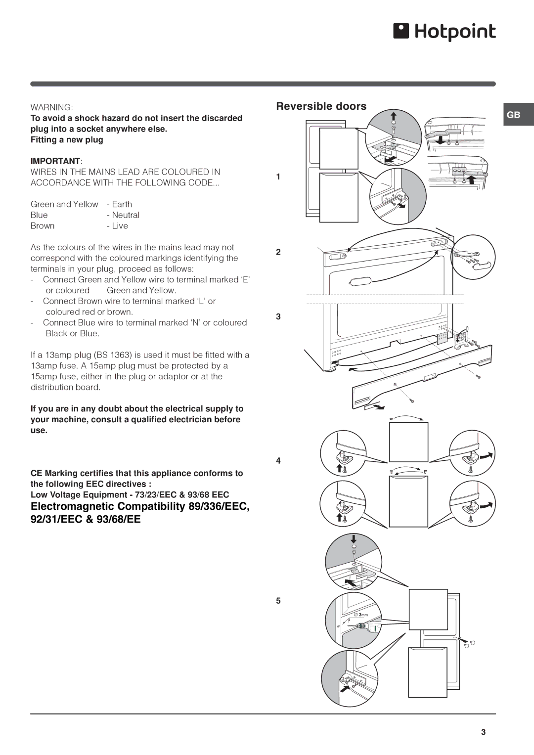 Hotpoint FFP187BG manual Reversible doors 