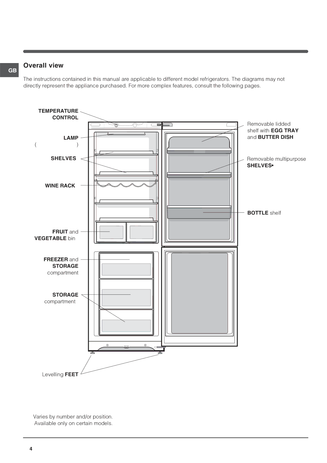 Hotpoint FFP187BG manual Description of the appliance, Overall view, Fruit Vegetable bin Freezer Storage compartment 