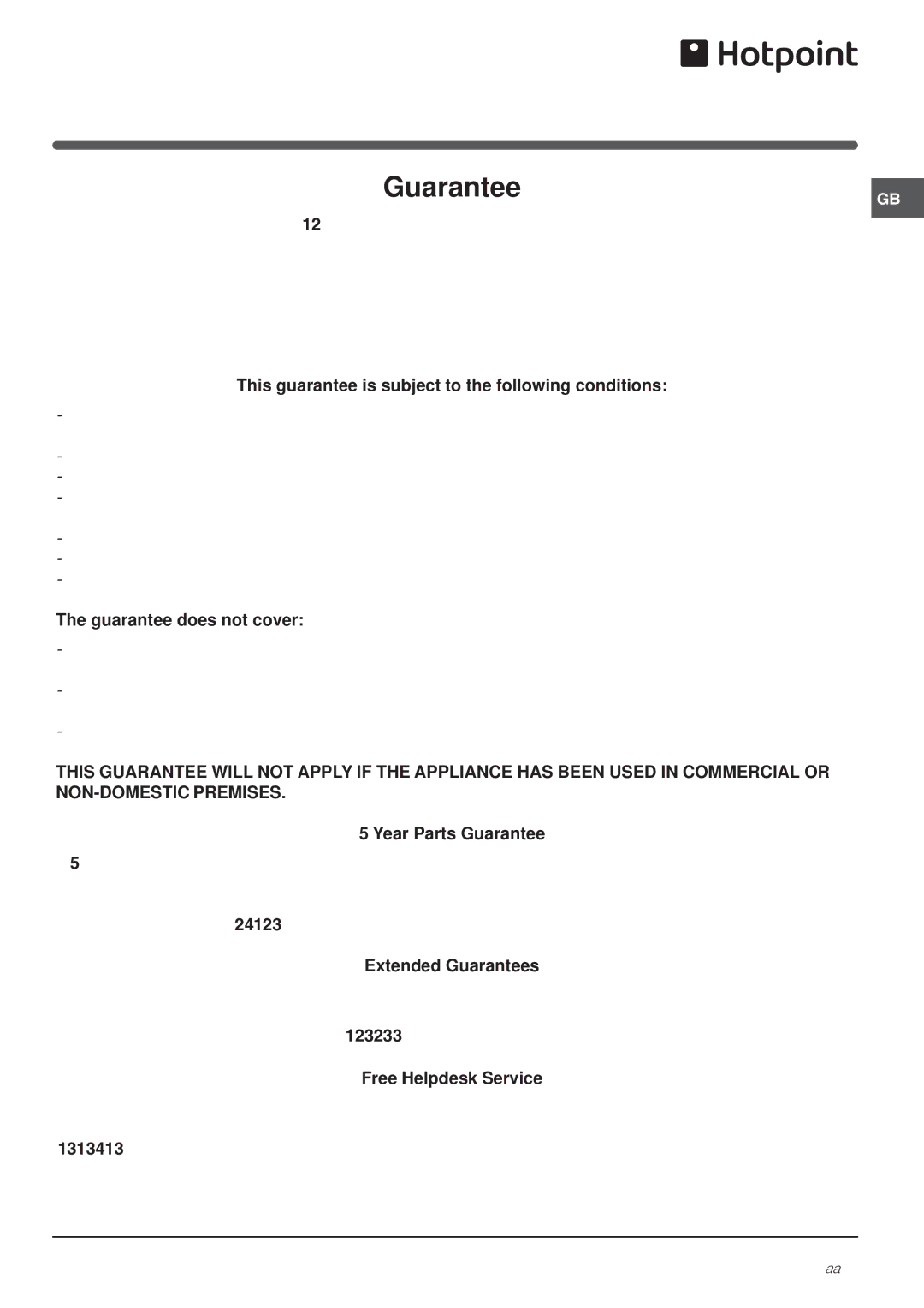 Hotpoint FFP187MP, FFP187MG operating instructions Guarantee 