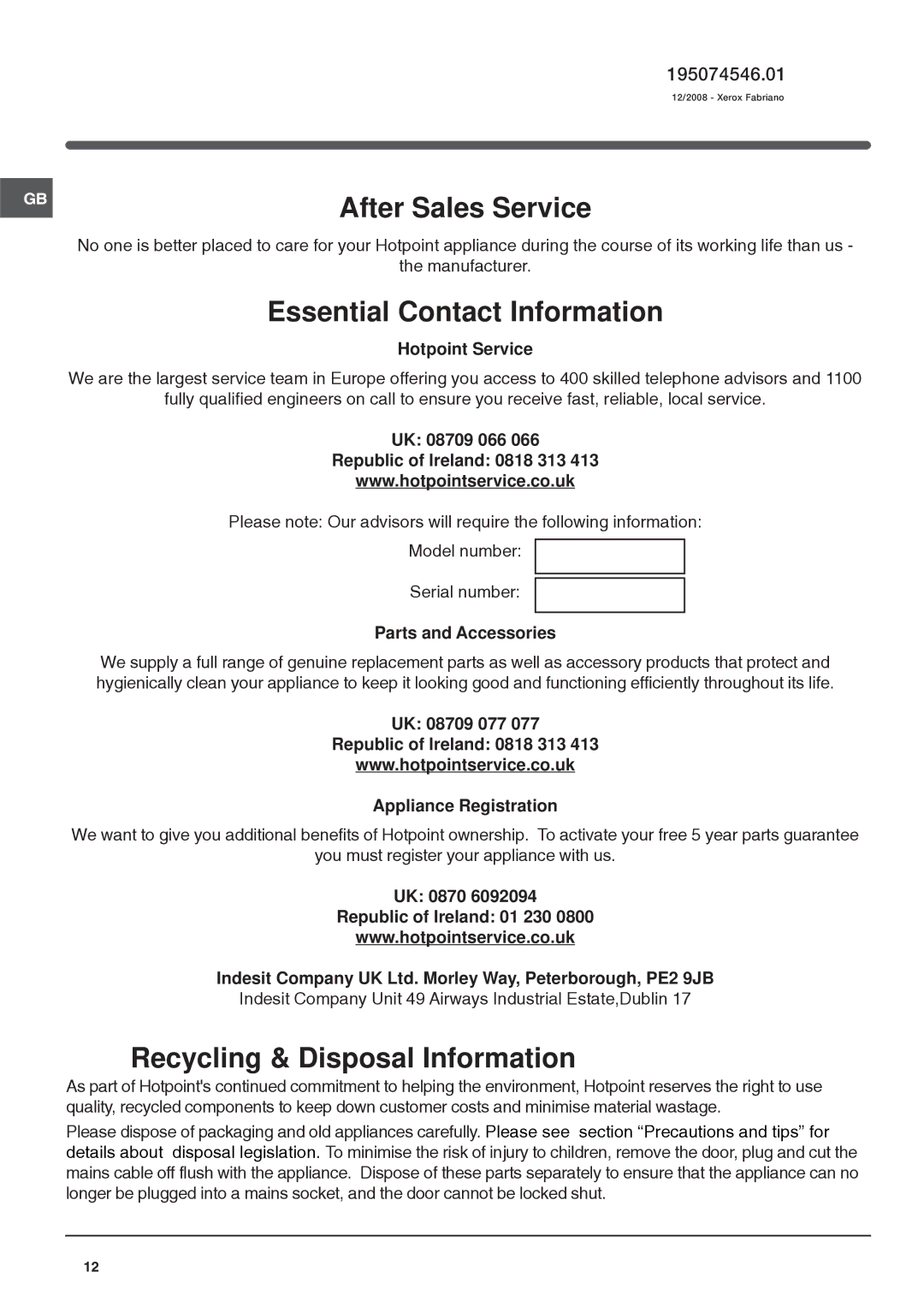 Hotpoint FFP187MG, FFP187MP operating instructions After Sales Service 