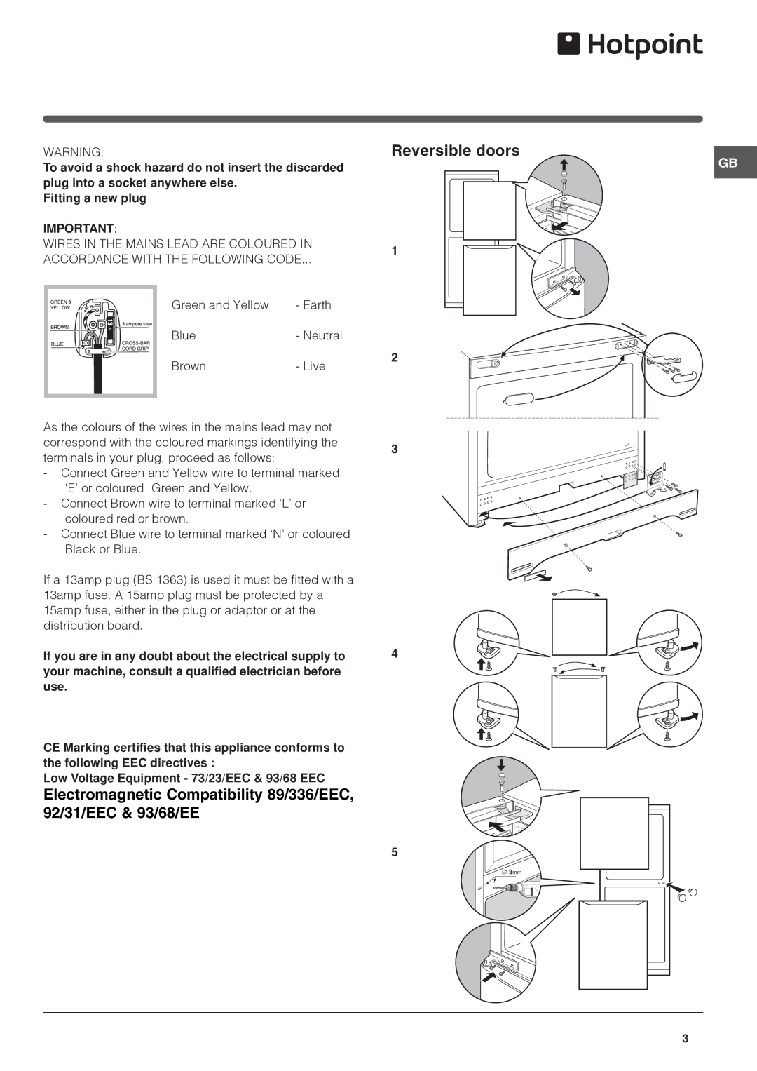 Hotpoint FFP187MP, FFP187MG operating instructions Reversible doors 