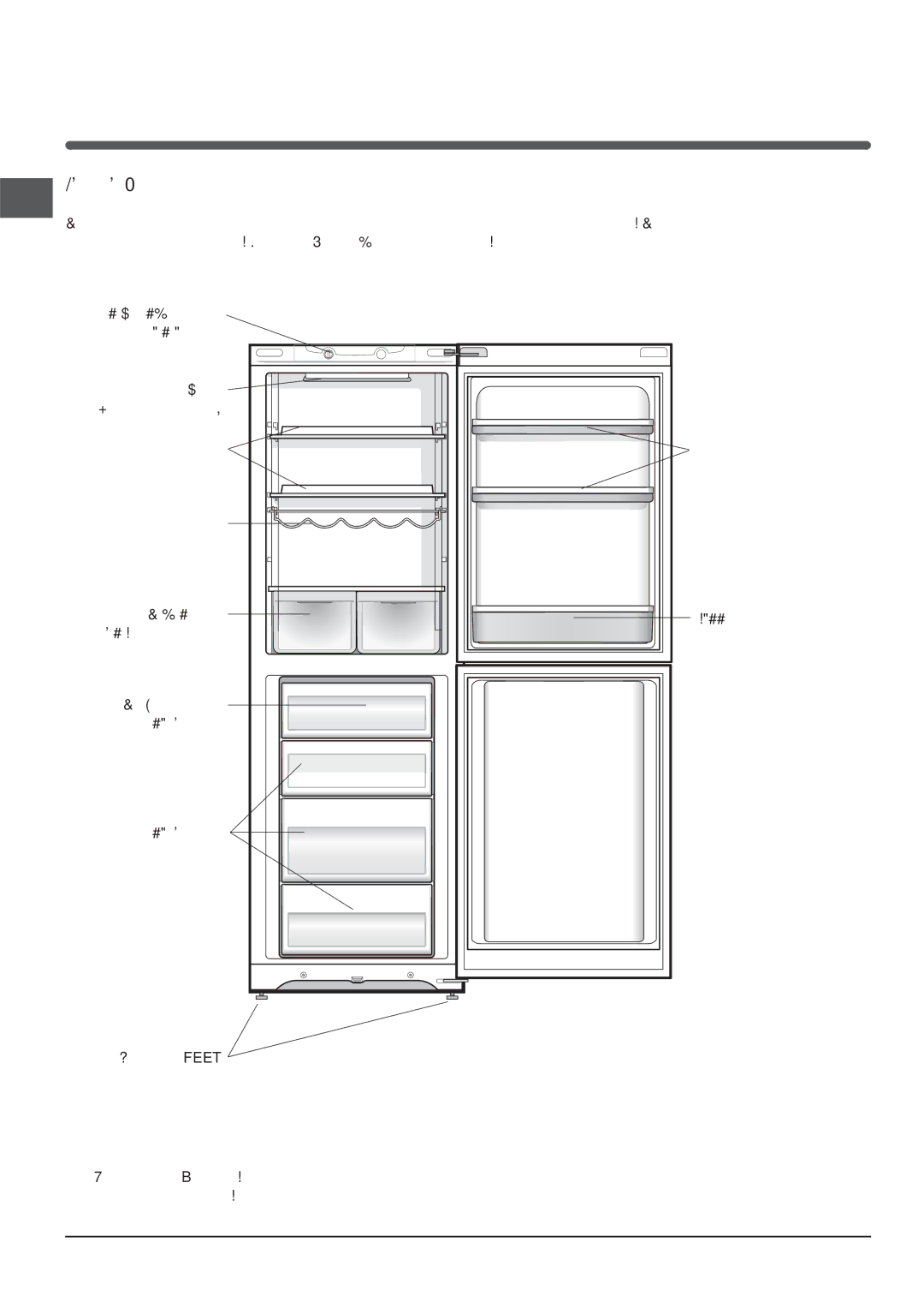 Hotpoint FFP187MG, FFP187MP Description of the appliance, Overall view, Fruit Vegetable bin Freezer Storage compartment 