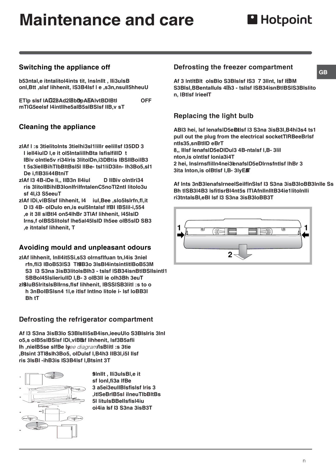 Hotpoint FFP187MP, FFP187MG Maintenance and care, Defrosting the freezer compartment, Replacing the light bulb 