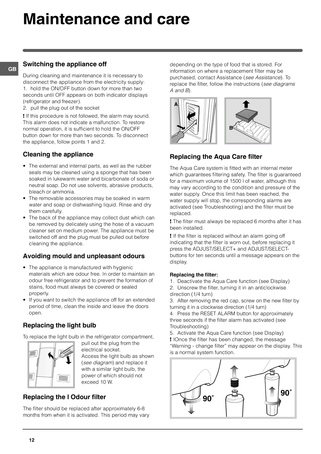 Hotpoint FFQ48 manual Maintenance and care 