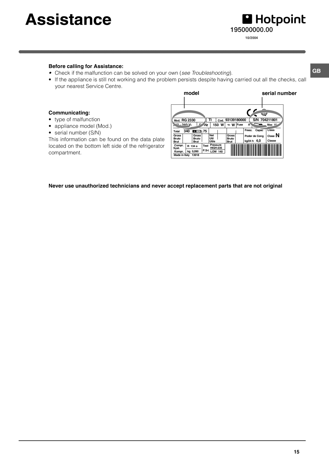 Hotpoint FFQ48 manual Assistance, Communicating, Model 