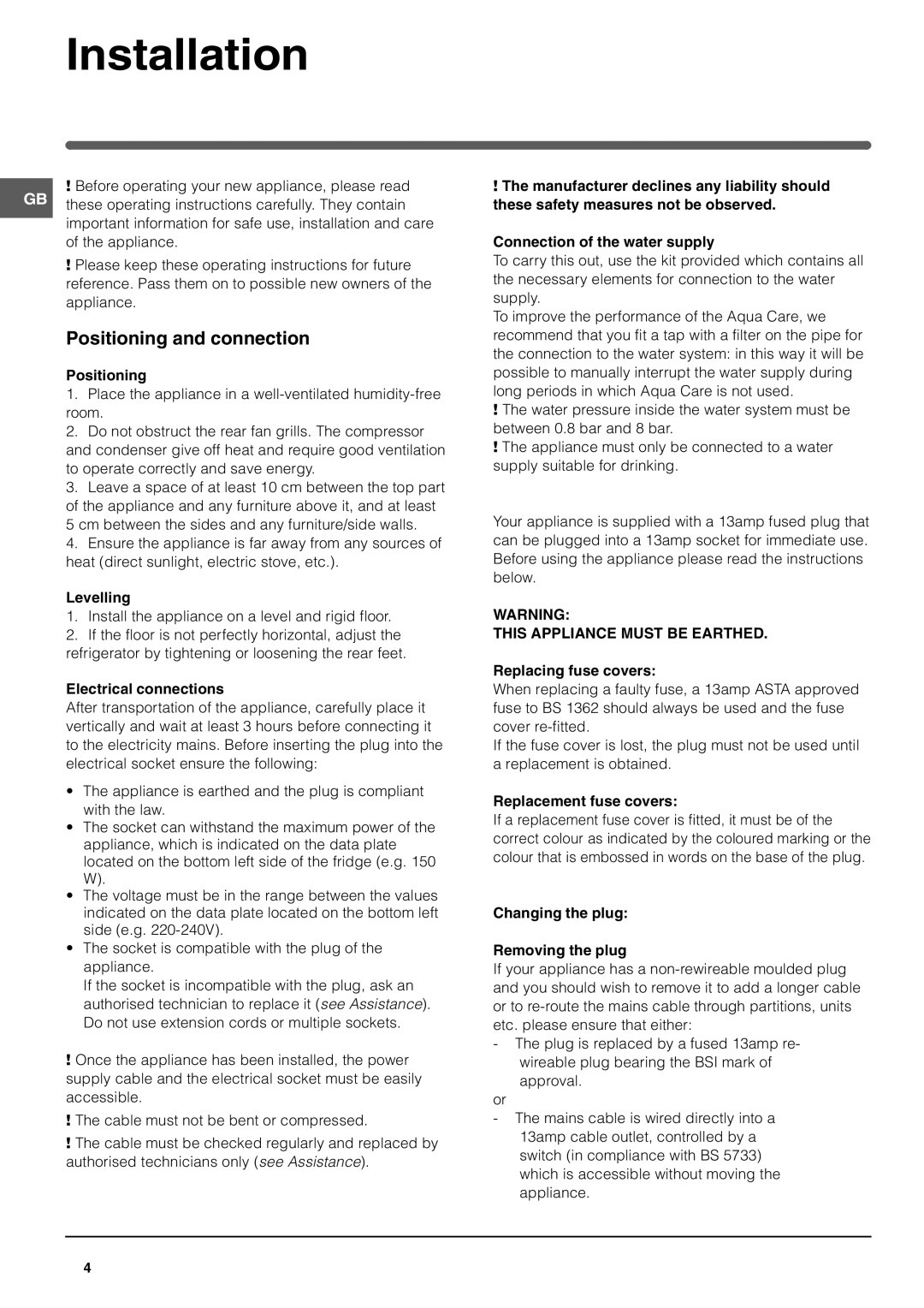 Hotpoint FFQ48 manual Installation, Positioning and connection, Levelling, Electrical connections 