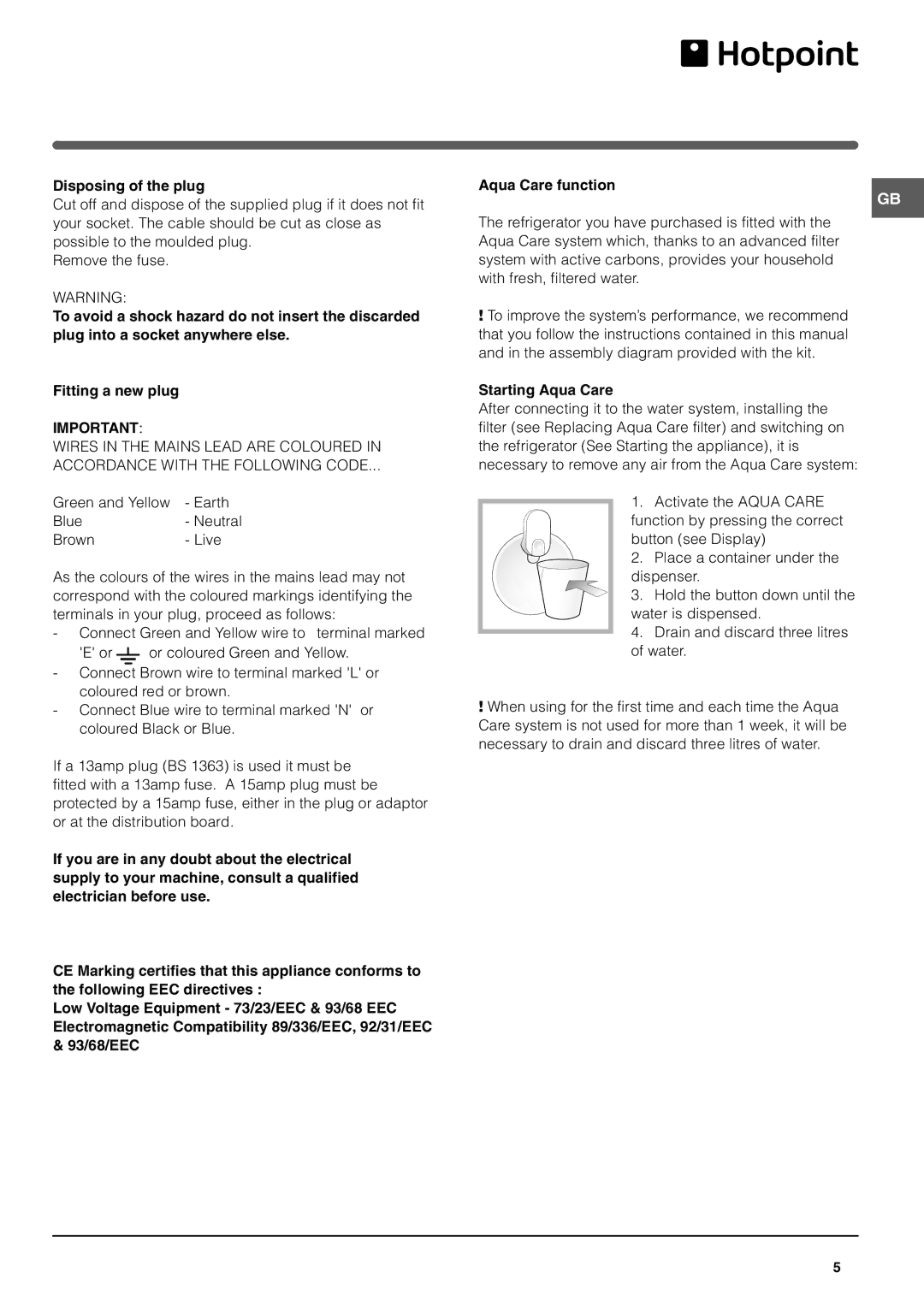 Hotpoint FFQ48 manual Disposing of the plug, Starting Aqua Care 