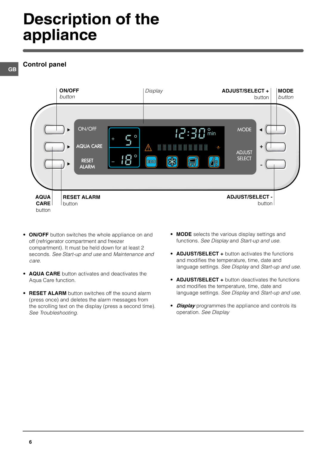 Hotpoint FFQ48 manual Description of the appliance, Control panel, Mode button 