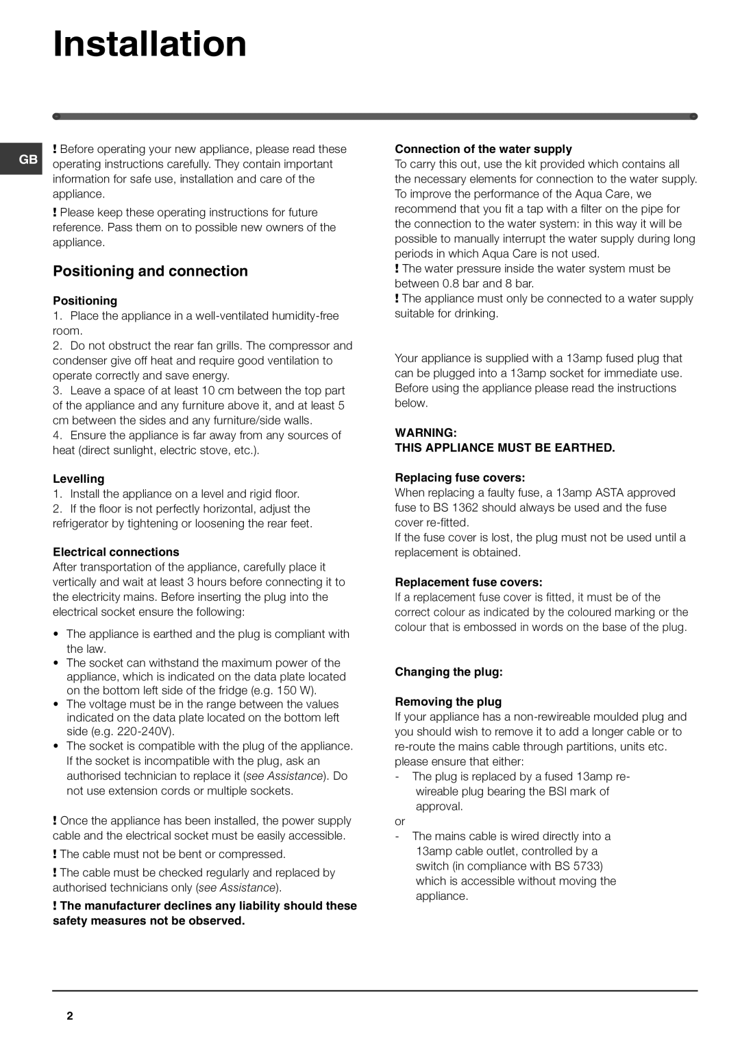 Hotpoint FFQ50P manual Installation, Positioning and connection 