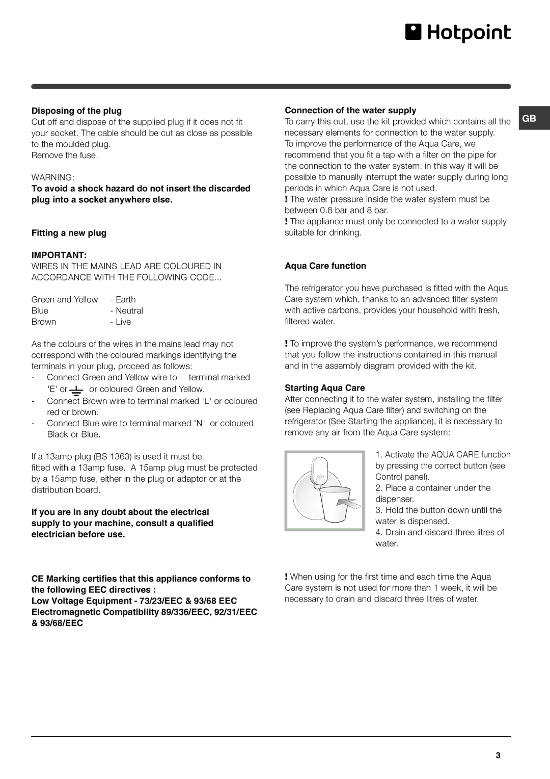 Hotpoint FFQ50P manual Disposing of the plug, Aqua Care function, Starting Aqua Care 