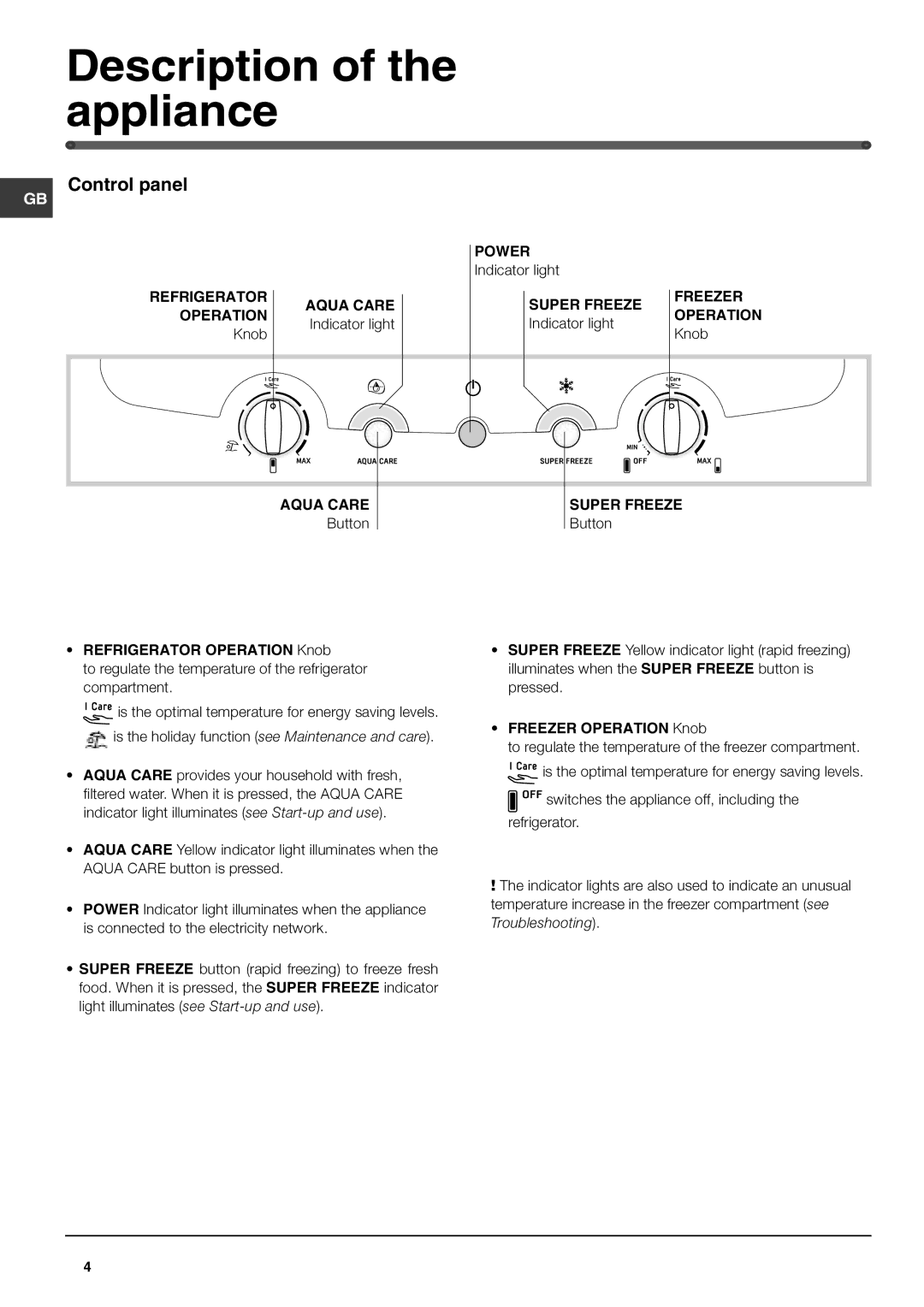 Hotpoint FFQ50P manual Description of the appliance, Control panel 