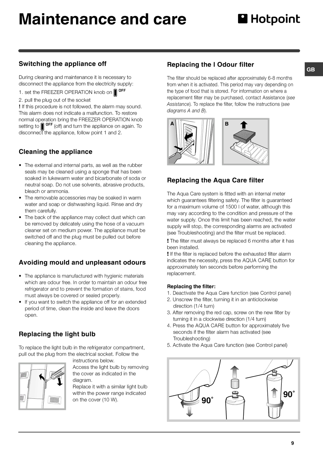 Hotpoint FFQ50P manual Maintenance and care 