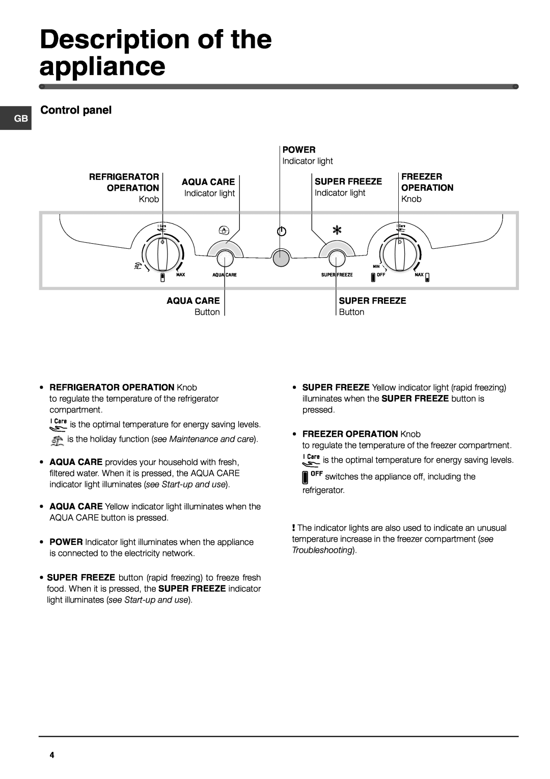 Hotpoint FFQ50P manual Description of the appliance, Control panel 