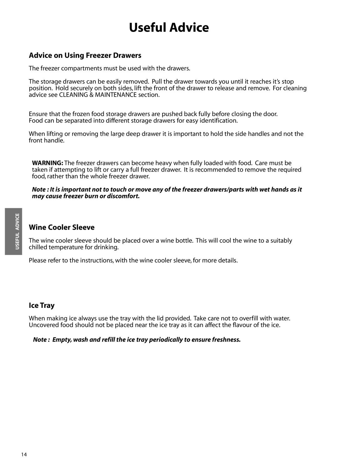 Hotpoint FFA90, FFS90, FFM90 manual Advice on Using Freezer Drawers, Wine Cooler Sleeve, Ice Tray 