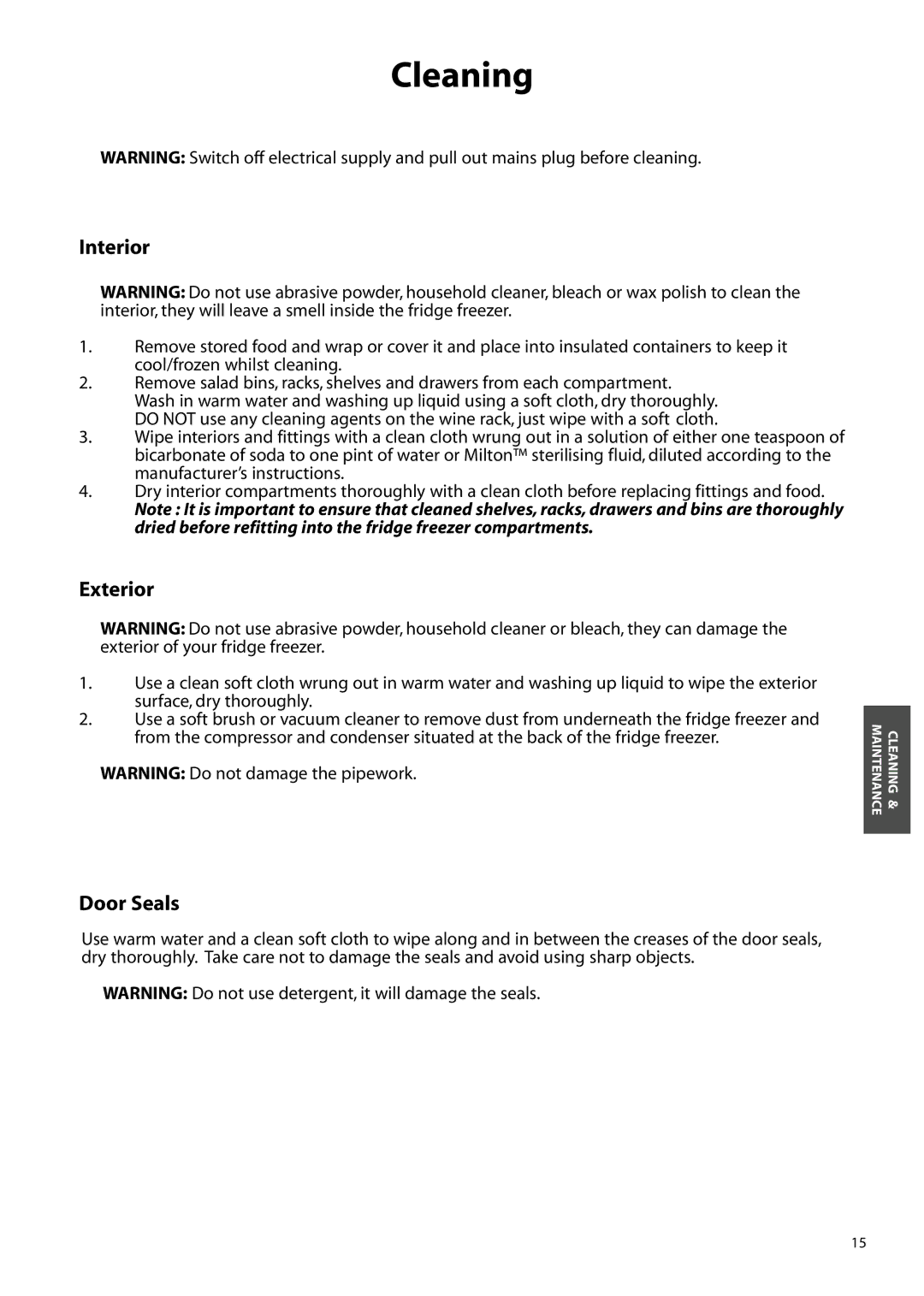 Hotpoint FFS90, FFM90, FFA90 manual Cleaning, Interior, Exterior, Door Seals 