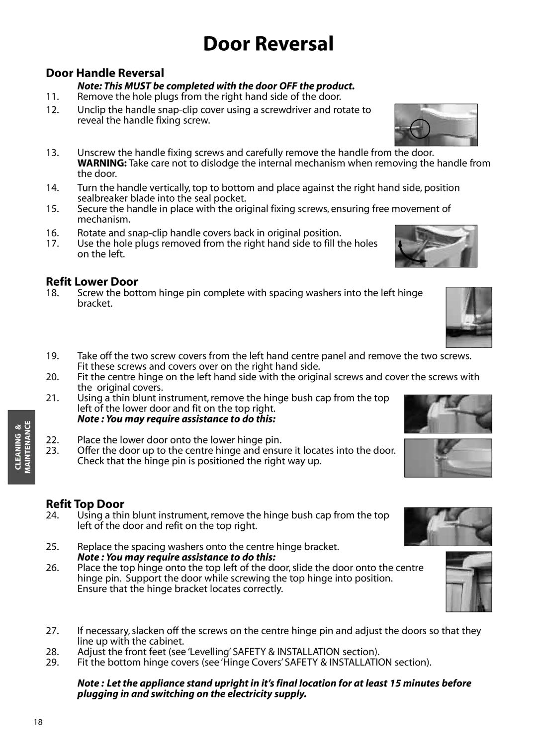 Hotpoint FFS90, FFM90, FFA90 manual Door Handle Reversal, Refit Lower Door, Refit Top Door 