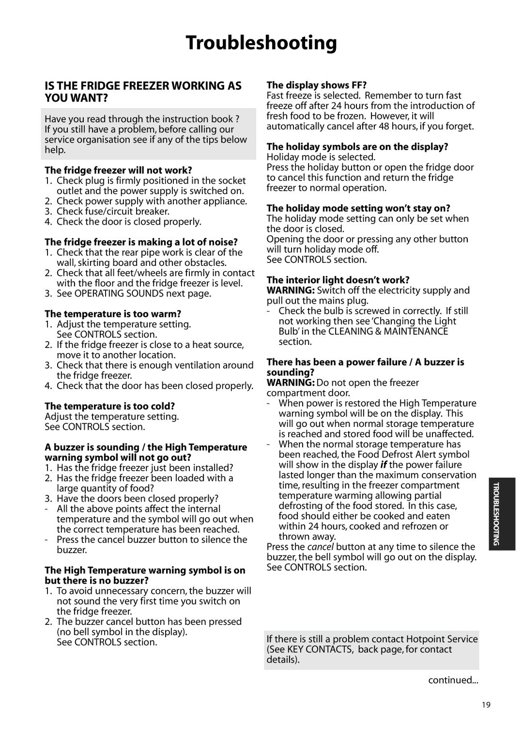 Hotpoint FFM90, FFS90, FFA90 manual Troubleshooting 