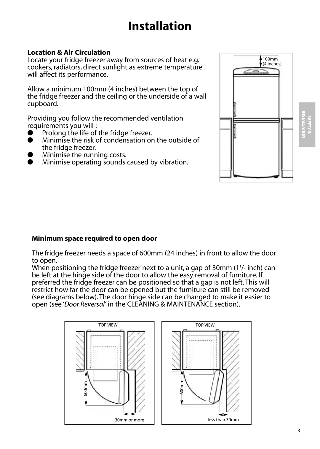 Hotpoint FFS90, FFM90, FFA90 manual Installation, Location & Air Circulation, Minimum space required to open door 