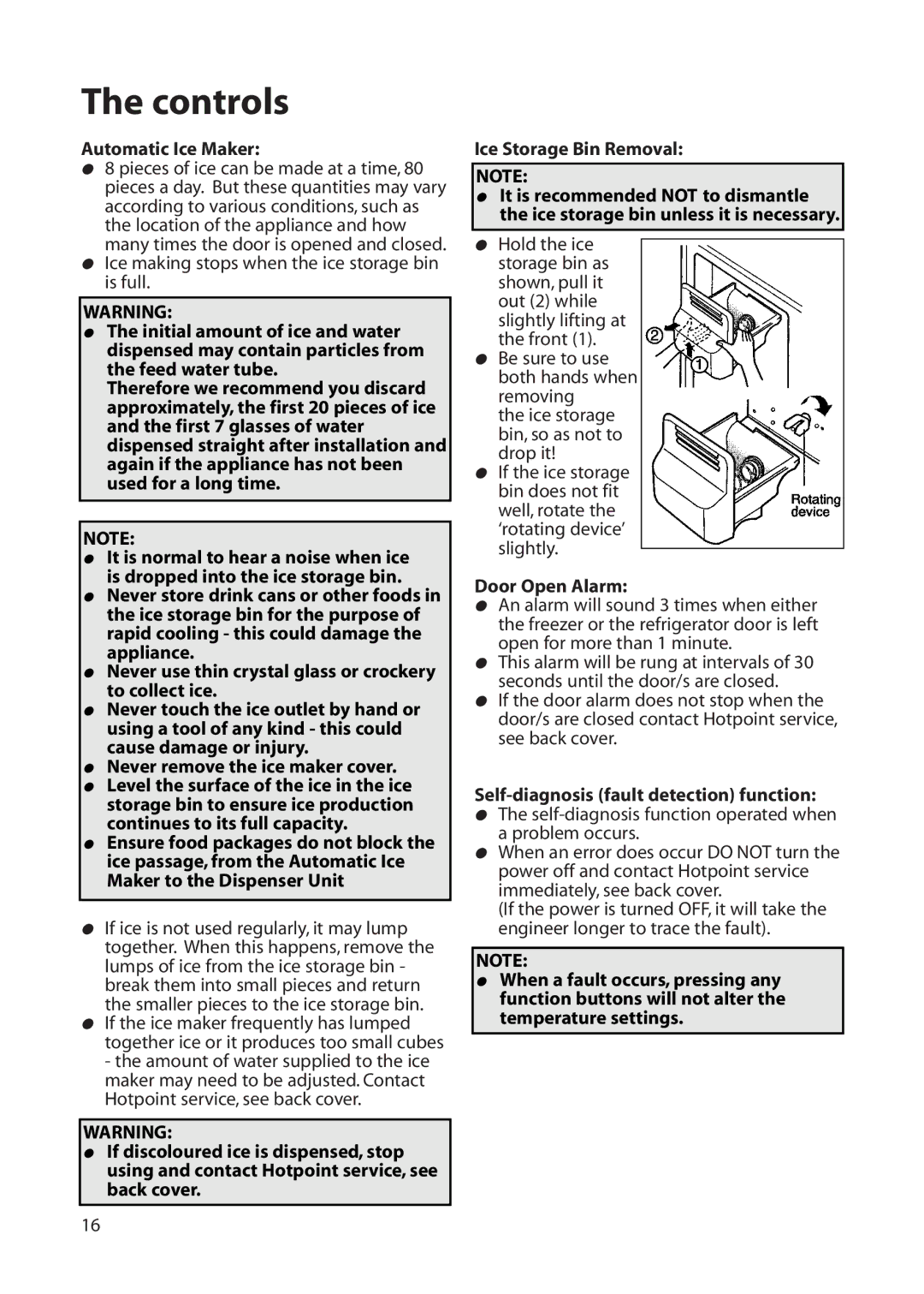 Hotpoint FFU00 manual Automatic Ice Maker, Door Open Alarm, Self-diagnosis fault detection function 