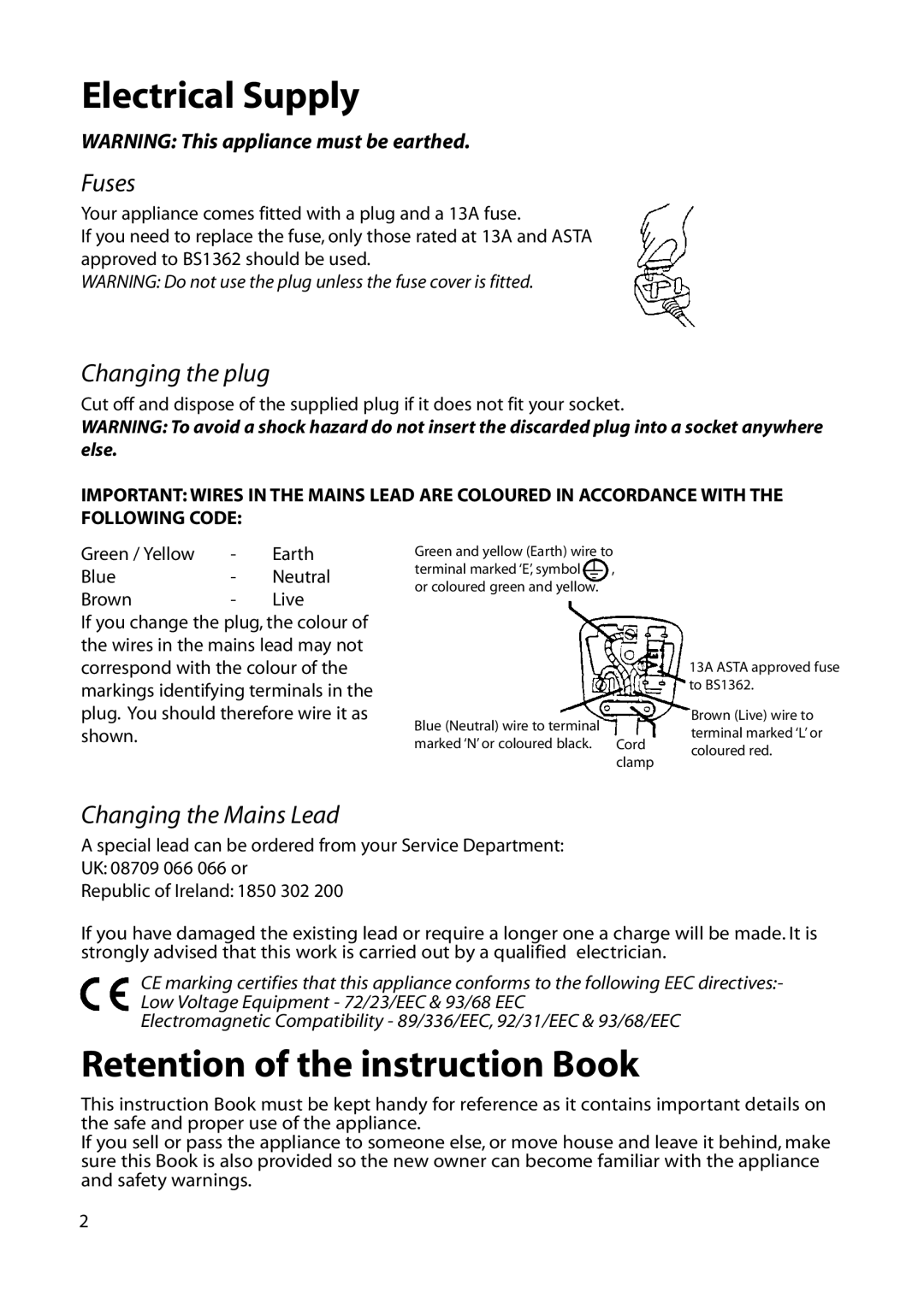 Hotpoint FFU00 manual Electrical Supply, Retention of the instruction Book 