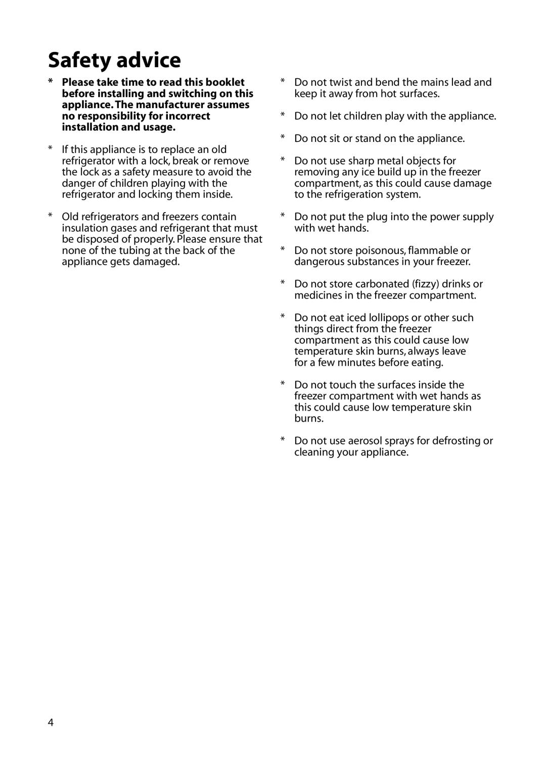 Hotpoint FFU00 manual Safety advice 