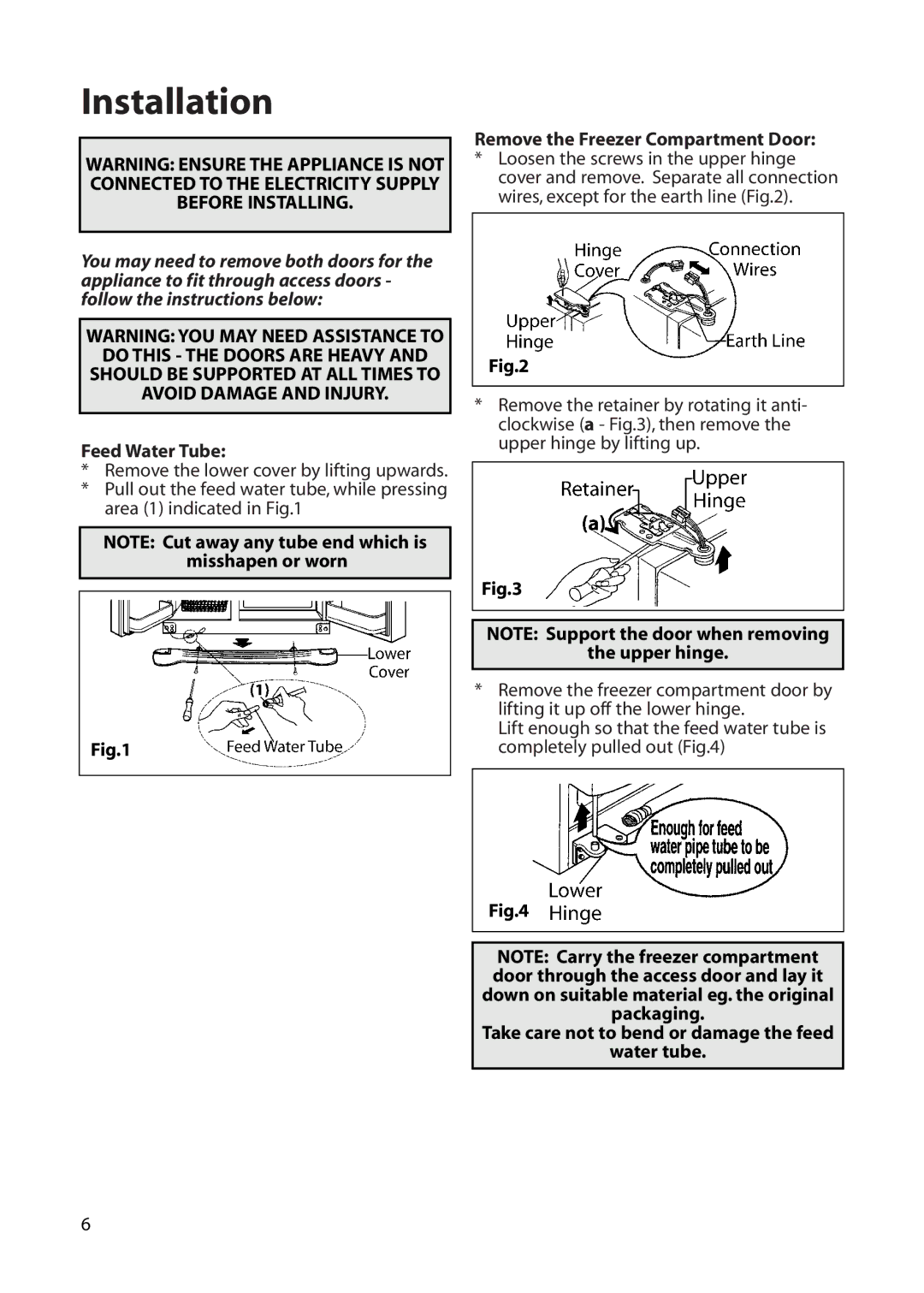 Hotpoint FFU00 manual Feed Water Tube, Remove the Freezer Compartment Door, Upper hinge 