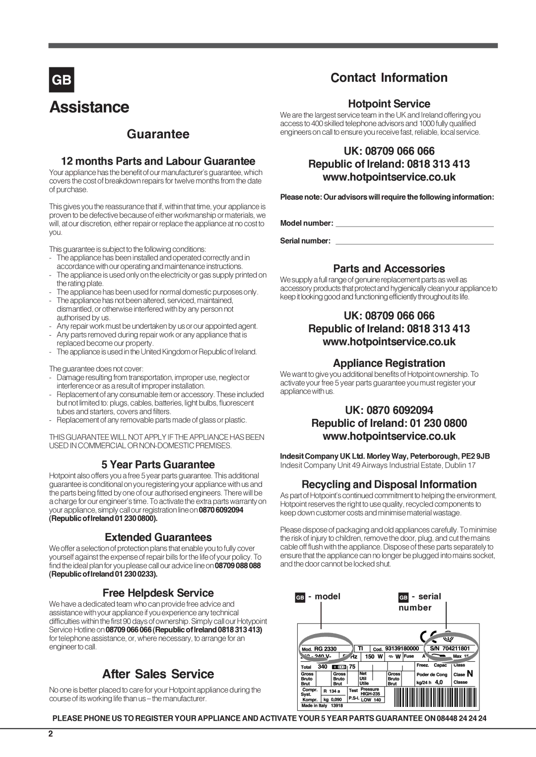 Hotpoint FFU3D W manual Assistance 