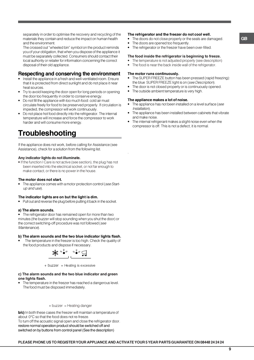 Hotpoint FFU3D W manual Troubleshooting, Respecting and conserving the environment 