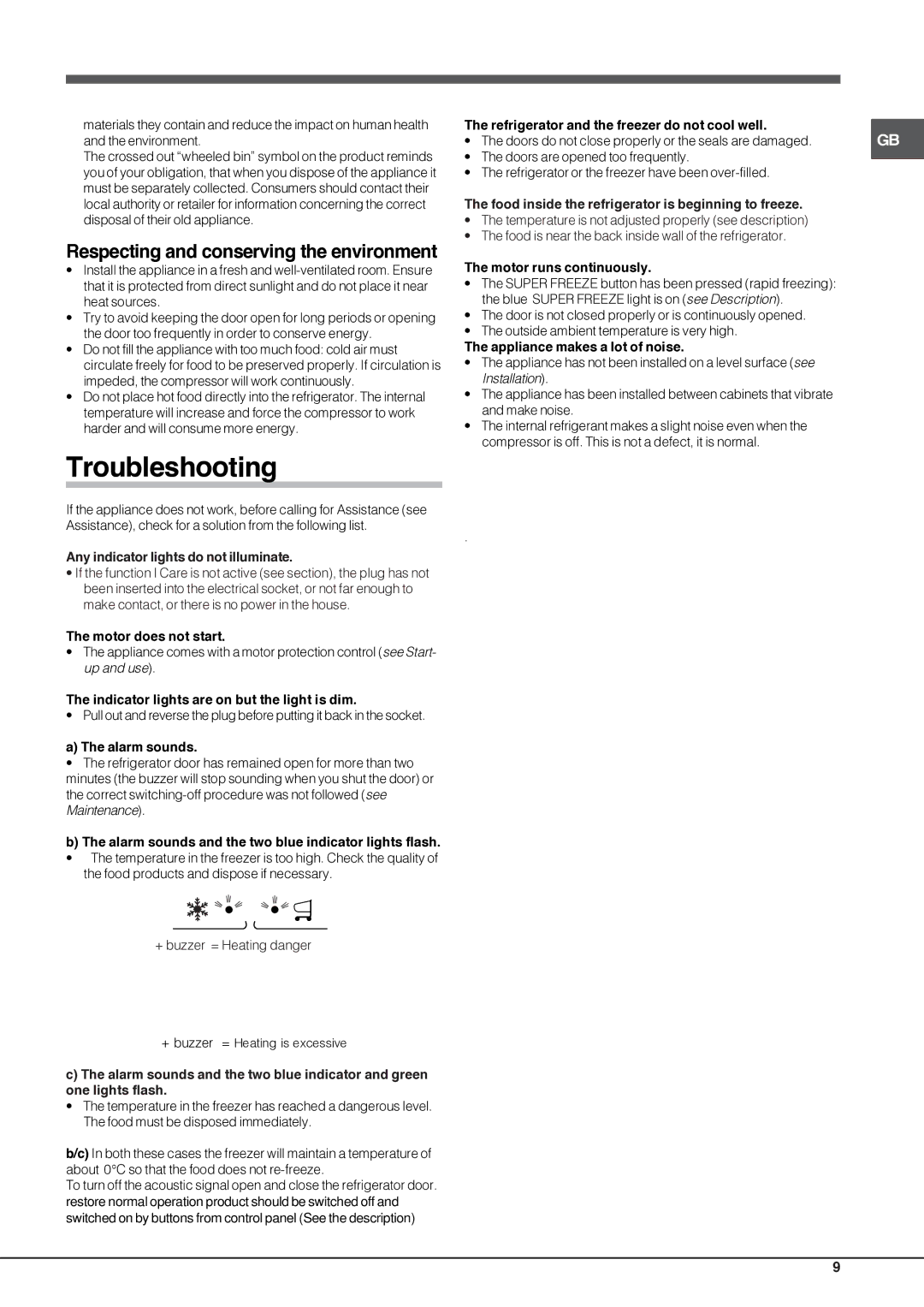 Hotpoint FFU4D W, FFU4D K, FFU4D SB, FFU4D X manual Troubleshooting, Respecting and conserving the environment 