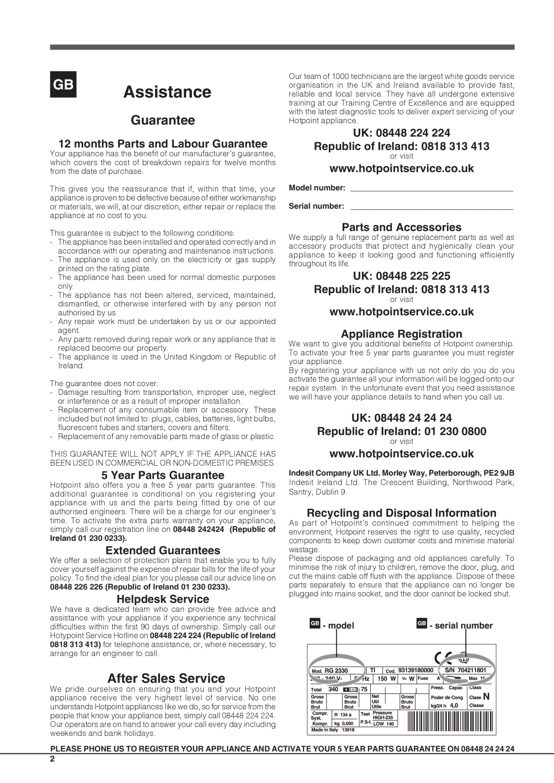 Hotpoint FFUG 20xx x O3, FFUG 18xx x O3 manual Assistance 